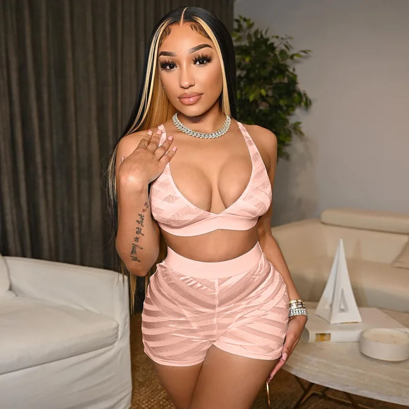 

2022 Summer Women Mesh Patchwork 2 Piece V Neck Top Biker Shorts Set See Through Tracksuit Casual Outfit Clothing