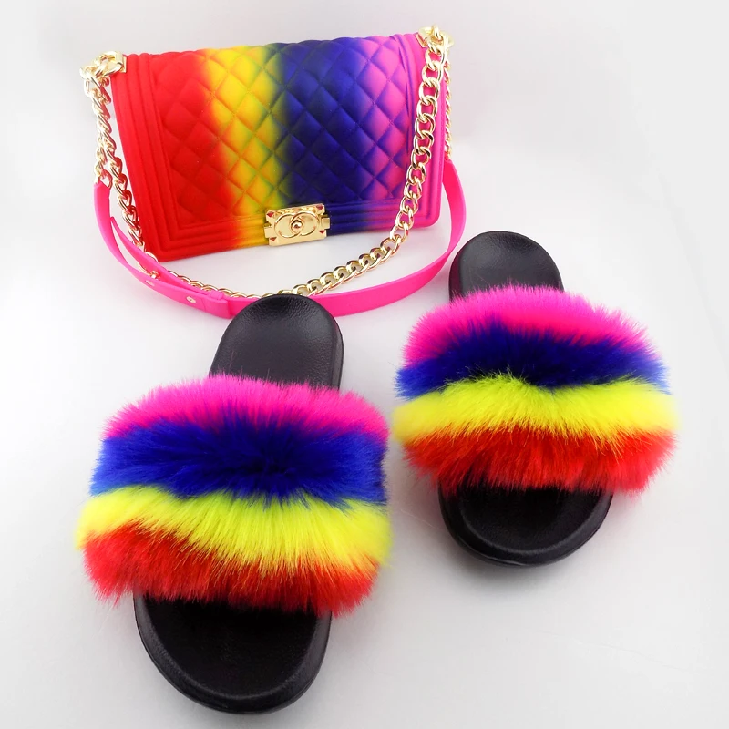 

Colorful women furry fur slide sandal fur slippers and purse sets