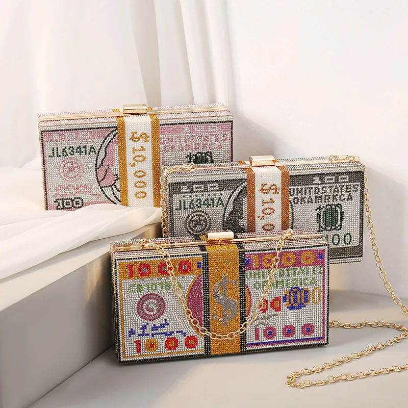 

2020 Money Bags USD Clutch Dollar Bling Glitter Gold Chain Box Diamond Evening Purses 1413