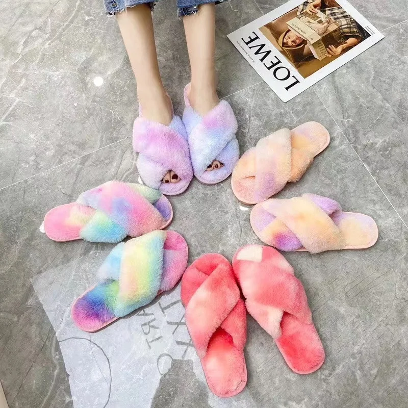 

New design wholesale fur slippers rainbow women faux fur indoor cotton slippers lady winter warm colorful plush home non slip so