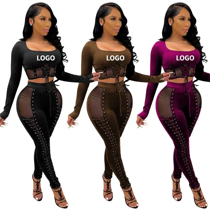 

Spring Outfits 2021 Crop Top Leggings 2 Piece Set Women Bow Bandage Mesh See Through Stitching Plus Size Two Piece Pants Set oew, Orange,pink,green