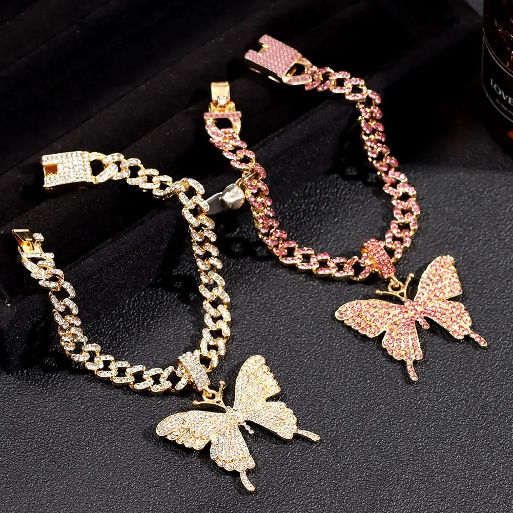 

Fashion Iced Out Butterfly Anklets For Women Jewelry Cuban Link Chain Crystal Butterfly Charm Anklet, Gold silver plated