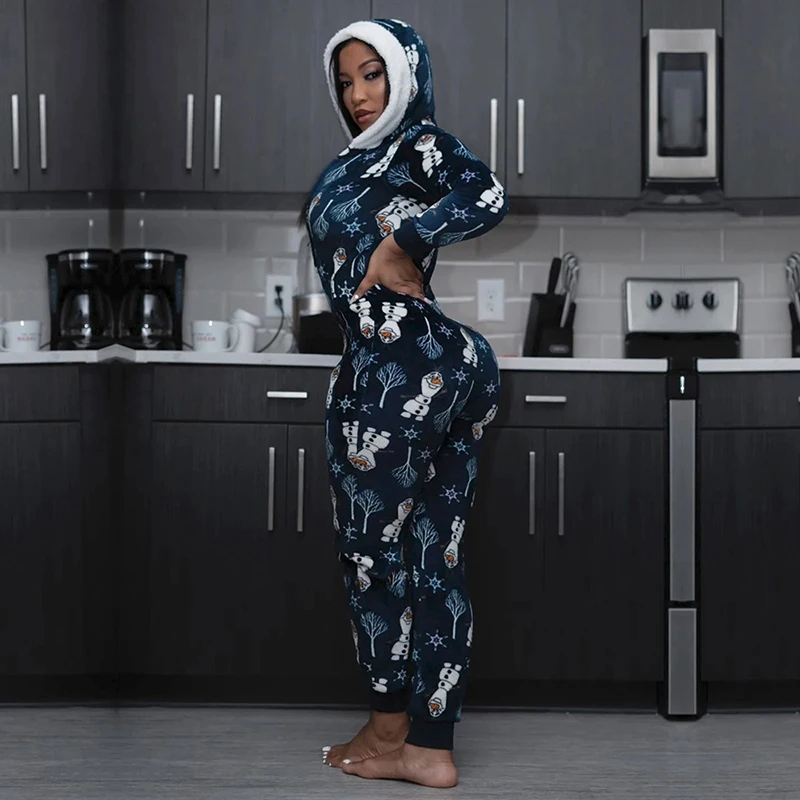 

New Arrivals Women Fall Winter Clothing Home Wear Deep V Neck Women Jumpsuit Hooded Printed Christmas Sleepwear
