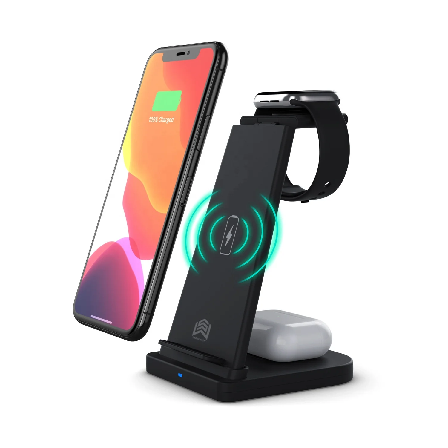 

Qi approved 3 in 1 foldable fast charging Qi 15W wireless charger phone holder stand for iphone 12, Black/white