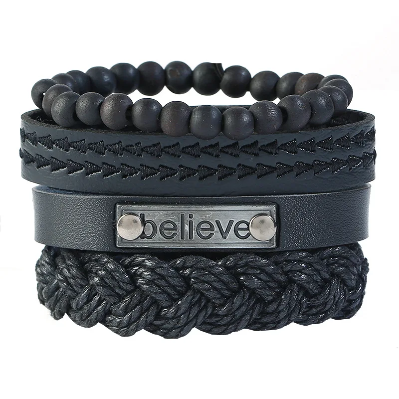 

Set Of 4 Weaved Leather Bracelet Believe Leather Bracelet Wooden Bead Bracelet
