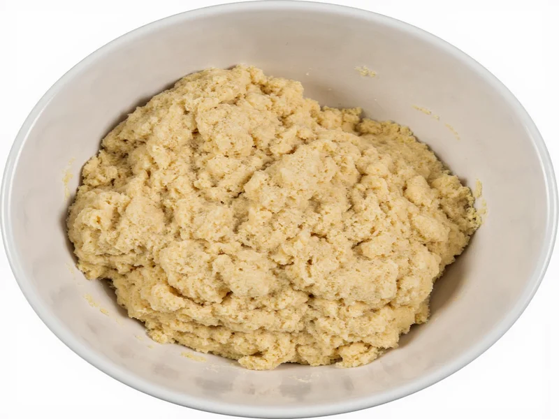 Shaggy dough mixture in ceramic bowl before kneading