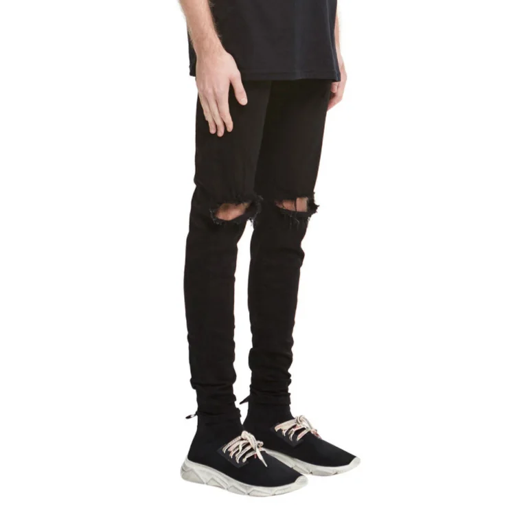 

New Men Hot sale Slim fit Slim pencil pants High elasticity Biker jeans destroyed Hole Snow Wash Leisure trousers, Picture color