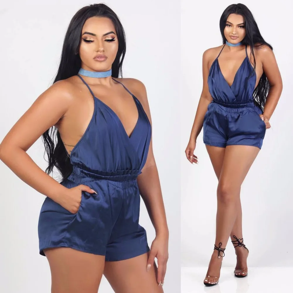 JB-19101601 Women V-neck Backless Halter Jumpsuits Rompers Plus Size Sleeveless Rompers Women bodysuit Femme Coveralls
