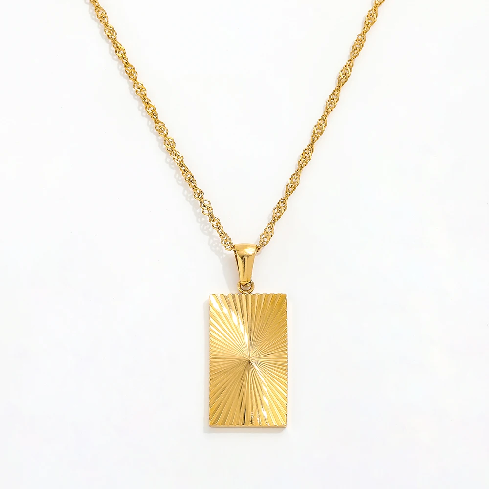 

Joolim Jewelry Tarnish Free PVD Gold Plated Sunburst Rectangle Pendant Necklace Trendy Necklace Wholesale