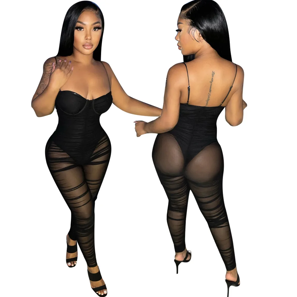 

2021 Women Clothing Fashion Summer Bodycon Jumpsuits Pants Sexy Outfits Clothes One Piece Mesh Jumpsuits For Ladies, Picture