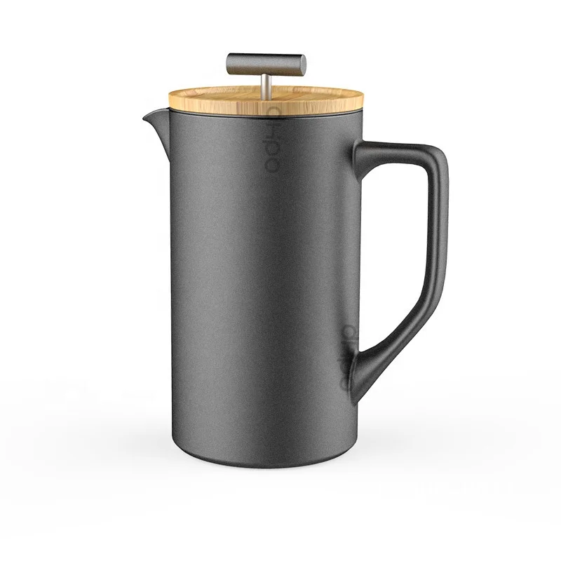 

DHPO 600ml desgin ceramic porcelain black french press stainless steel filter with wooden lid, Black, white, gray