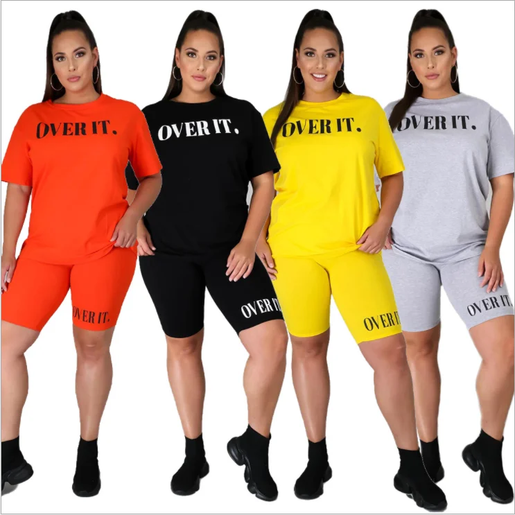 

2020 new fashion simple pure color o neck short sleeve letter print top and hot short 2 pieces set casual lady fashion tracksuit