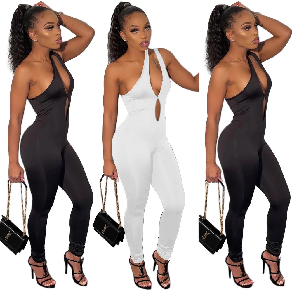 

2021 New arrivals solid color one shoulder cut out jumpsuit casual jumpsuits for women, As picture