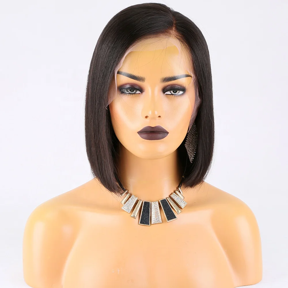 

Brazilian Remy Human Hair Bob Cut Deep Bleached knots Side Part 13x6 Lace Frontal Wigs Pre plucked Hairline Short Wigs, Natural color