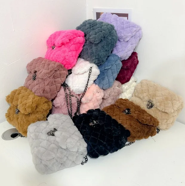 

2022 warm fuzzy fur shoulder bag square fluffy fur trendy purse ladies winter fur purse bag, 16 colors