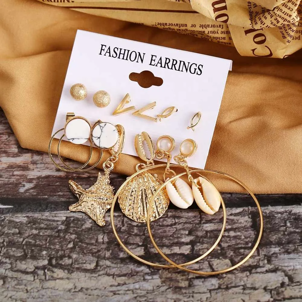 

2021 Hot Selling 6 Pcs/set Pearl Shell Bohemia Drop Earring Set Dream Catcher Flower Stud Earrings for Women, As photos