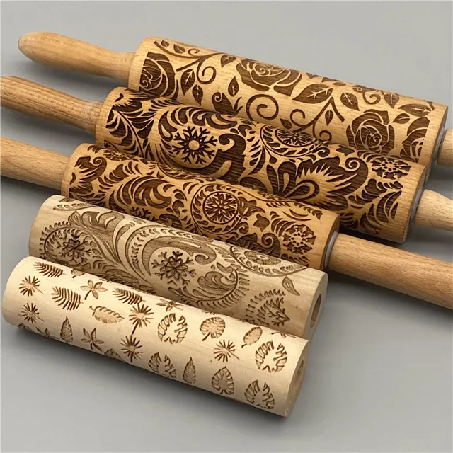 

Wooden Rolling Pin Embossing Baking Biscuit Noodle Fudge Cake Dough Snowflake Pattern Kitchen Accessories, As show