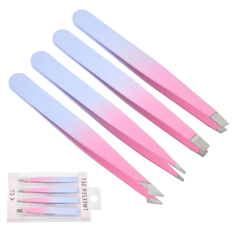 

Hot selling luxury tweezer for eyebrow shapping 4-piece set stainless steel eyebrow tweezers, Pink and blue shades