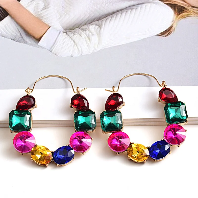 

Kaimei New arrival Colorful Rhinestones Metal Long Earring High-quality Crystals Drop Hoop Earrings For Women 2020, Many colors fyi