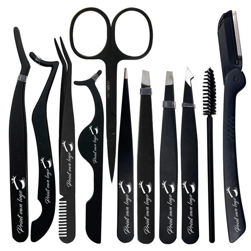 

Private Label High Precise Steel Curved eyelash Comb Tweezers Eyebrow Trimmer Scissors black Lash Applicator Tweezers Tools