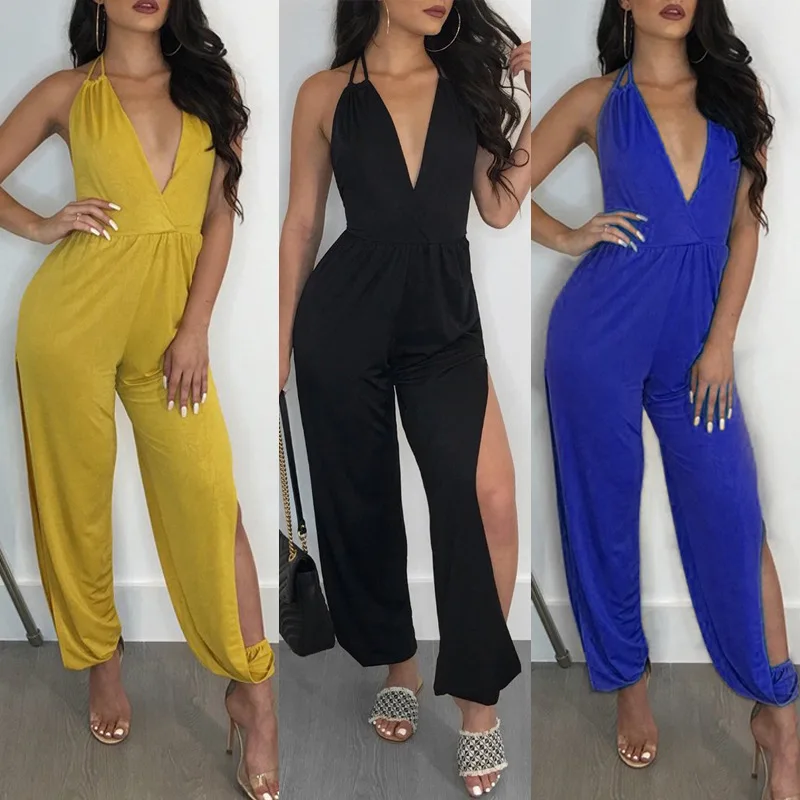 

WW-0793 Deep V-neck Backless Split Sexy High Waist Jumpsuits Casual Pants For Ladies Stacked Pants Jumpsuit, Customized color