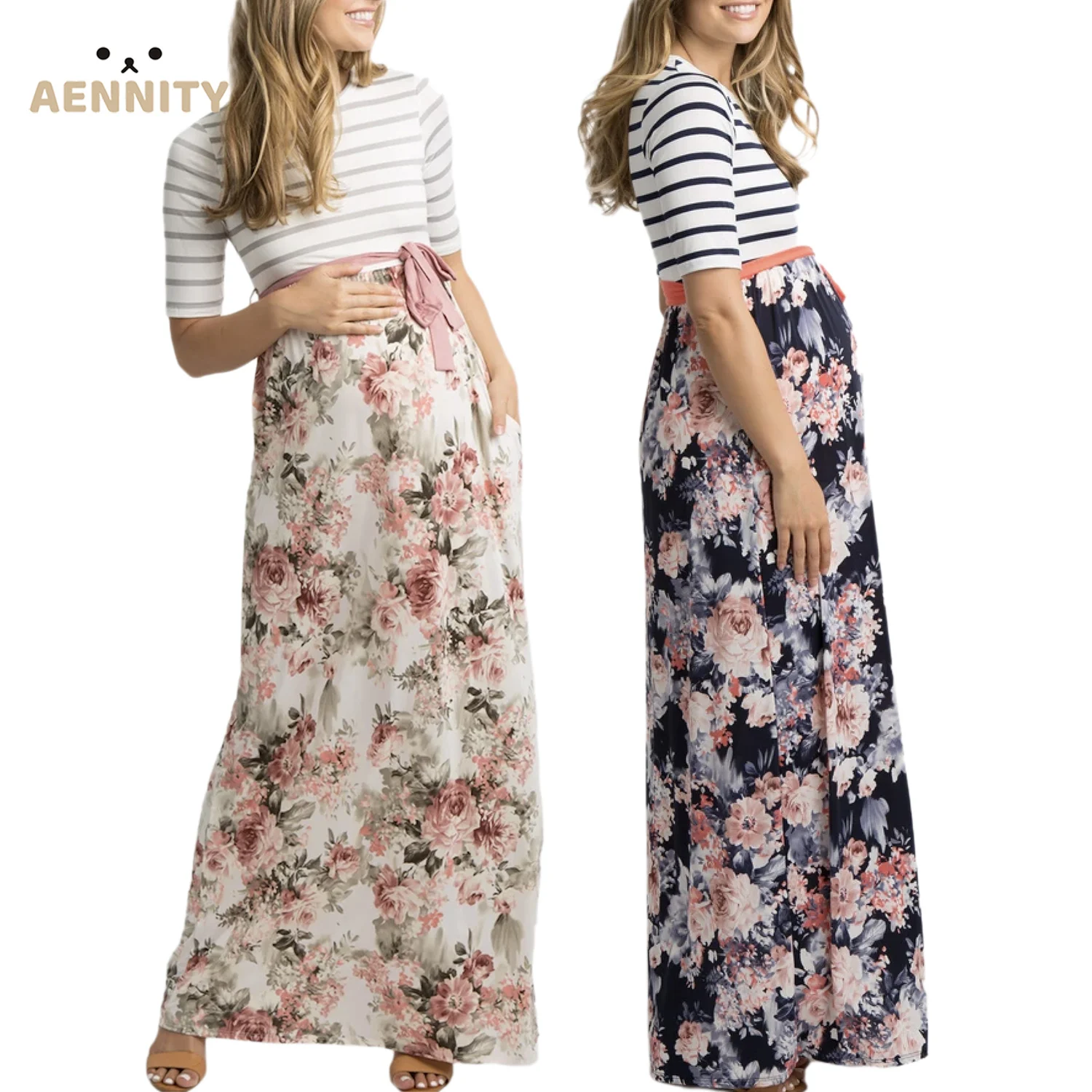 

2021 New Arrivals Striped Tops Floral Printing High Waist Maternity Pregnant Maxi Dresses Women, White, navy blue