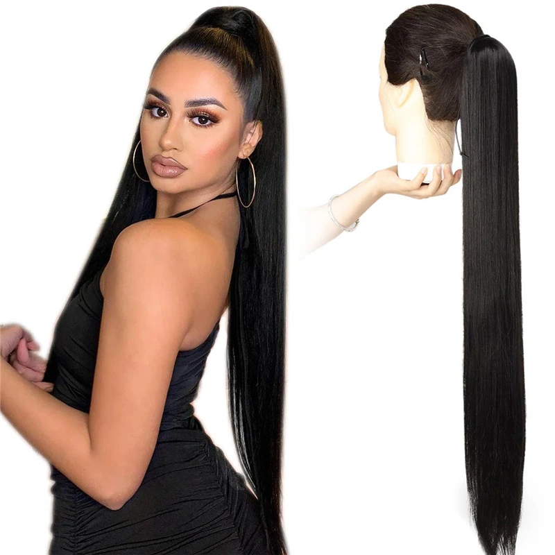

Cheap 30'' Clip in Hair Extension Drawstring Long Straight Synthetic Ponytail for Women, Black,multi