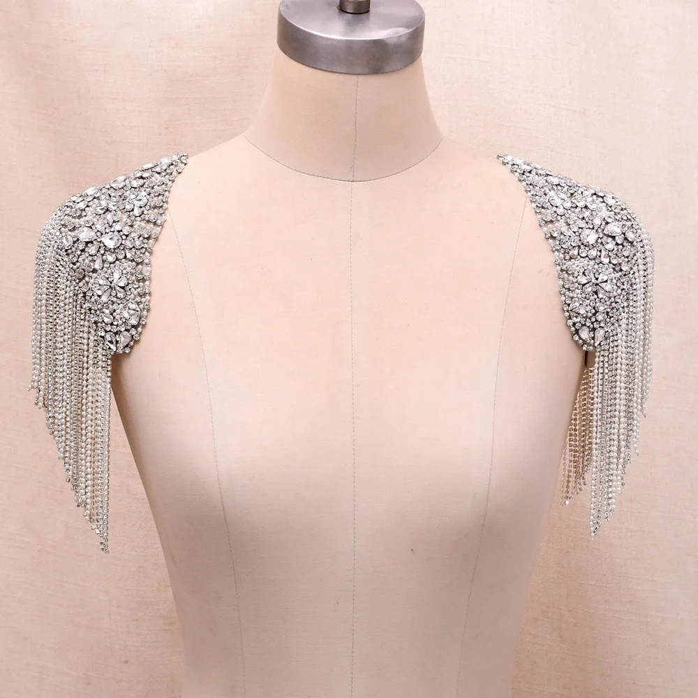 

Cheerfeel RH-1159 New arrival Luxury rhinestone crystal fringe tassel shoulder applique patch, Silver with blue crystal