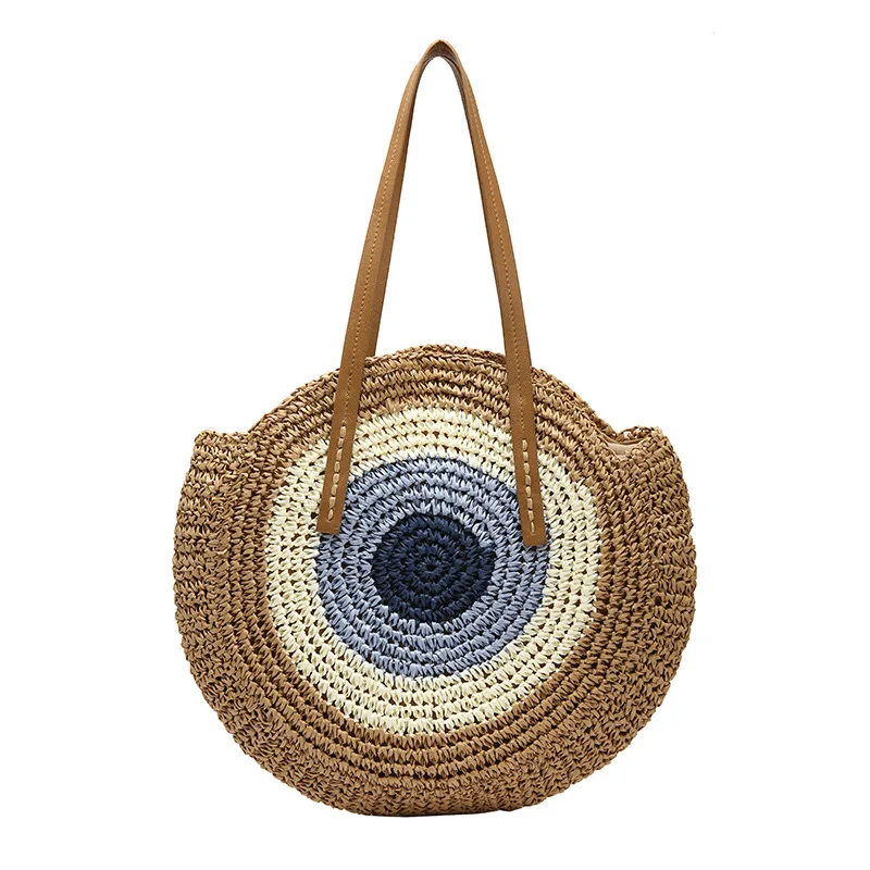 

women hand bags luxury lady colorful tote handwoven round beach shoulder with leather handle straw bag summer beach