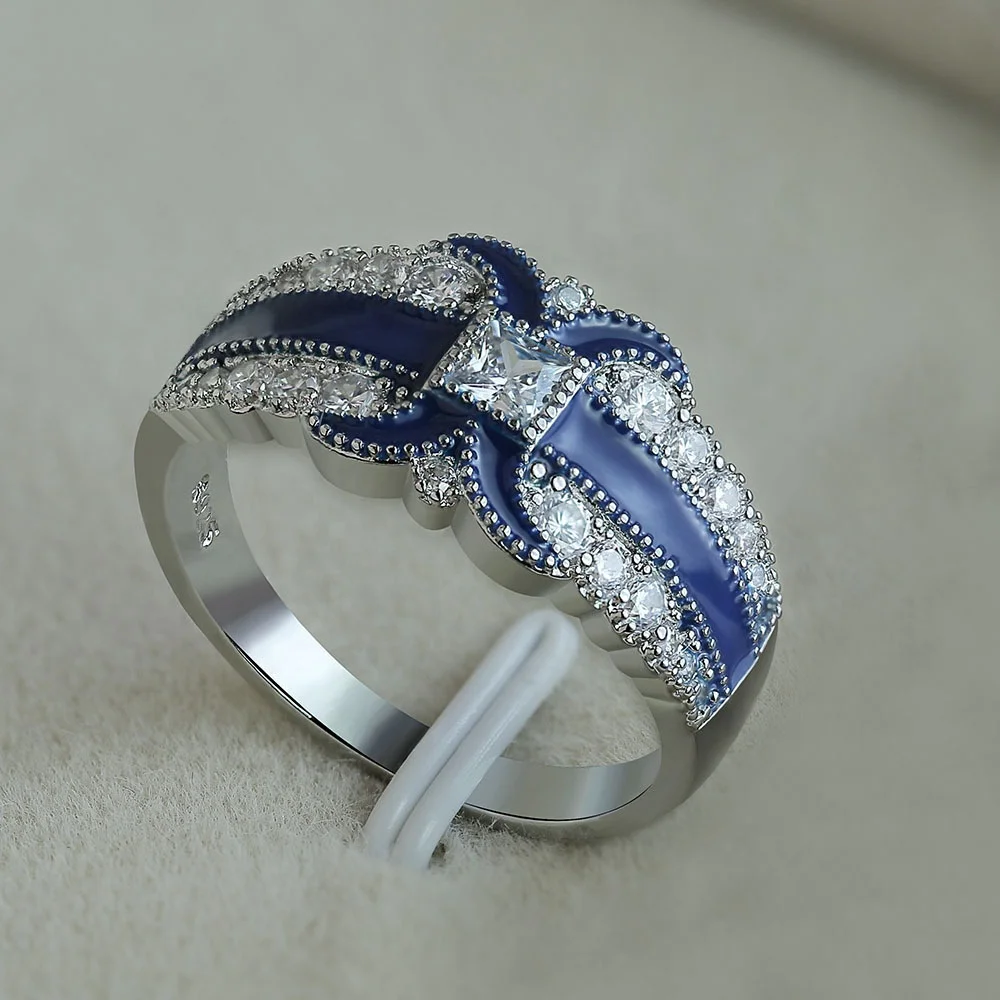 

New Hot Sale Luxury White Stone Ring Square Blue Crystal Engaggement Ring Vintage Statement Ring For Women Wedding Anillos Mujer