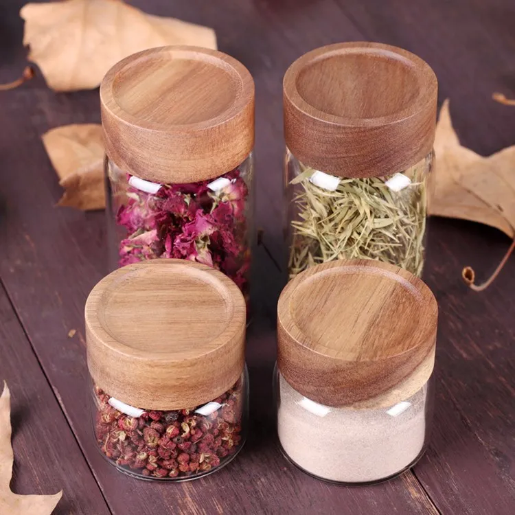 

Wholesale borosilicate airtight glass storage jar with acacia screw lid, Transparent