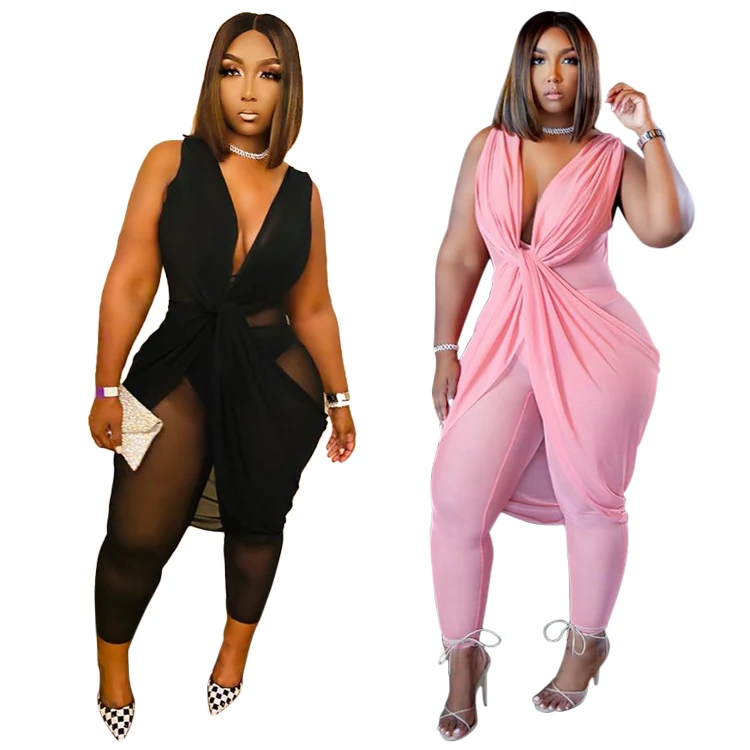 

CY1852 Foma 2022 spring transparent sexy mesh fabric casual fashion sleeveless black pink women plus size jumpsuits