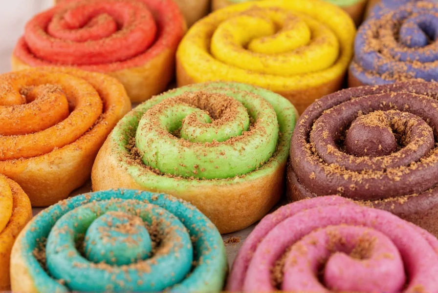 Close-up of colorful cinnamon roll swirls arranged in rainbow pattern with cinnamon dusting
