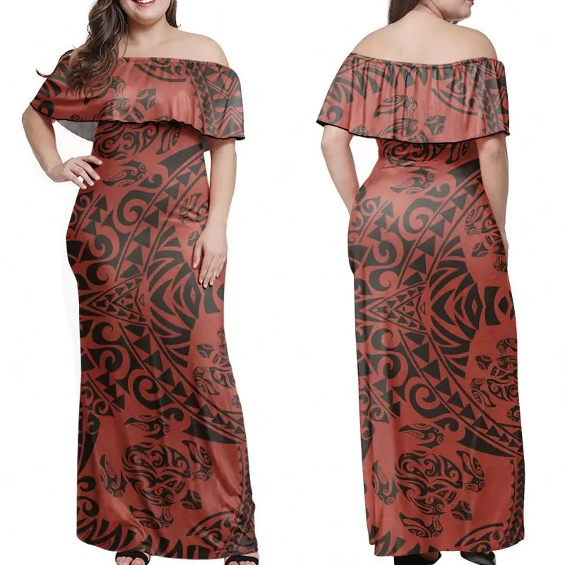 

Dresses Pacific Island Plus Size Party Dress American Samoa Polynesian Plumeria Pattern Off Shoulder Bodycon Ruffle Maxi Dress, Customized color