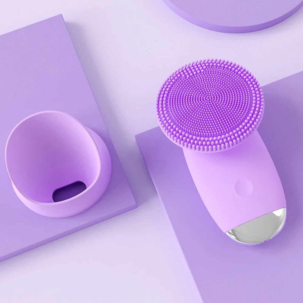 

Mini Electric Facial Cleansing Brush Silicone Sonic Face Cleaner Deep Pore Cleaning Skin Massager Face Cleansing Brush Device, Green/pink/purple