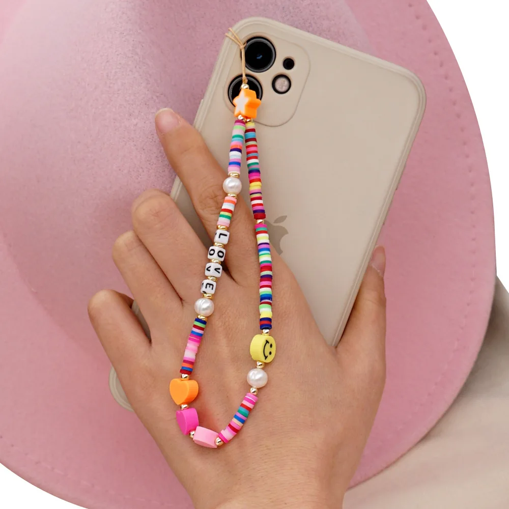 

Phone Charm Beaded Chain Strap Mobile Chains Cell Phone Lanyard Polymer Clay Pearl Colorful Flower Jewelry, Picture