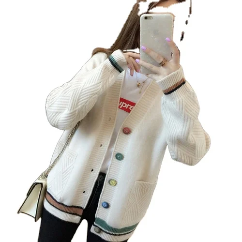 

Autumn and Winter Loose Korean V-neck Versatile Cardigan Coat Female Button Matching Sweater