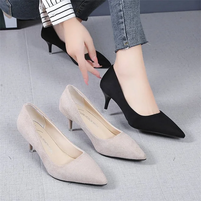 

TSLP-8D009 Suede Pointed High Heels Fashion Lady Womens Working High Heel Shoe, Black,beige