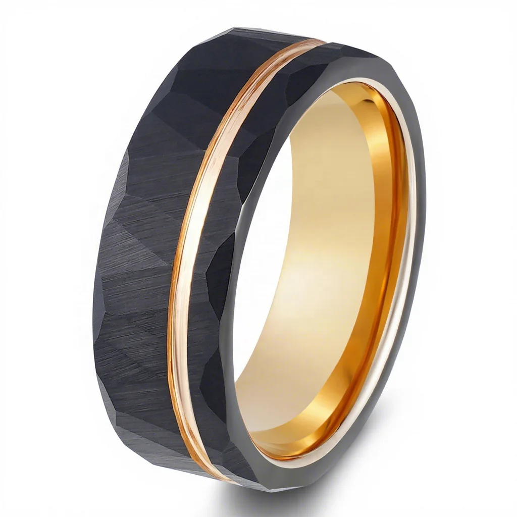 POYA 8mm Unisex Rose Gold Plated Hammered Tungsten Ring Black Wedding Band for Men and Women Jewelry