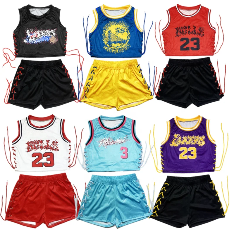 

Summer Outfits 2021 Color Letter Print Women Crop Top Sleeveless Bandage 2 Piece Sweat Short Set For Basketball Uniforms Set, 16 colors