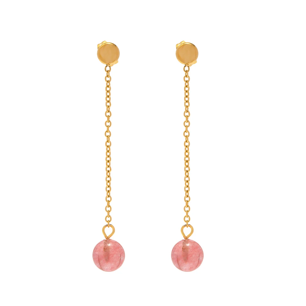 

18K Gold Plated Stainless Steel Earring Delicate line and the strawberry quartz round tassel stud earring for girls