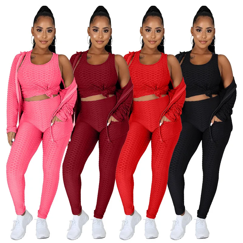 

261 women 3 pieces outfits fitness clothing joggers workout wear tracksuit set casual sweatsuit solid color sports jogger set, 12colors