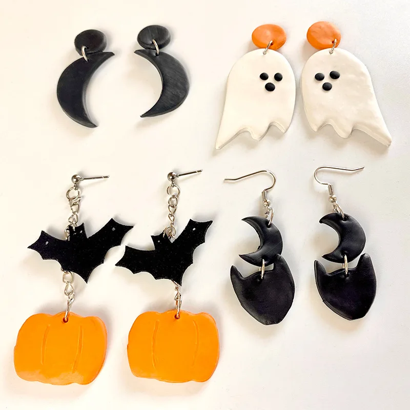 

Creative Polymer Clay Earrings Handmade Ghost Bat Pumpkin Moon Jewelry Gifts Wholesale Halloween Kids Earrings for Women