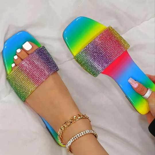 

Newest Hot Sale Women Flat Shoes Open Square Toe Bling-bling Low Price Diamond Decorate Women Summer Slides slippers, Gold silver colors snake skin