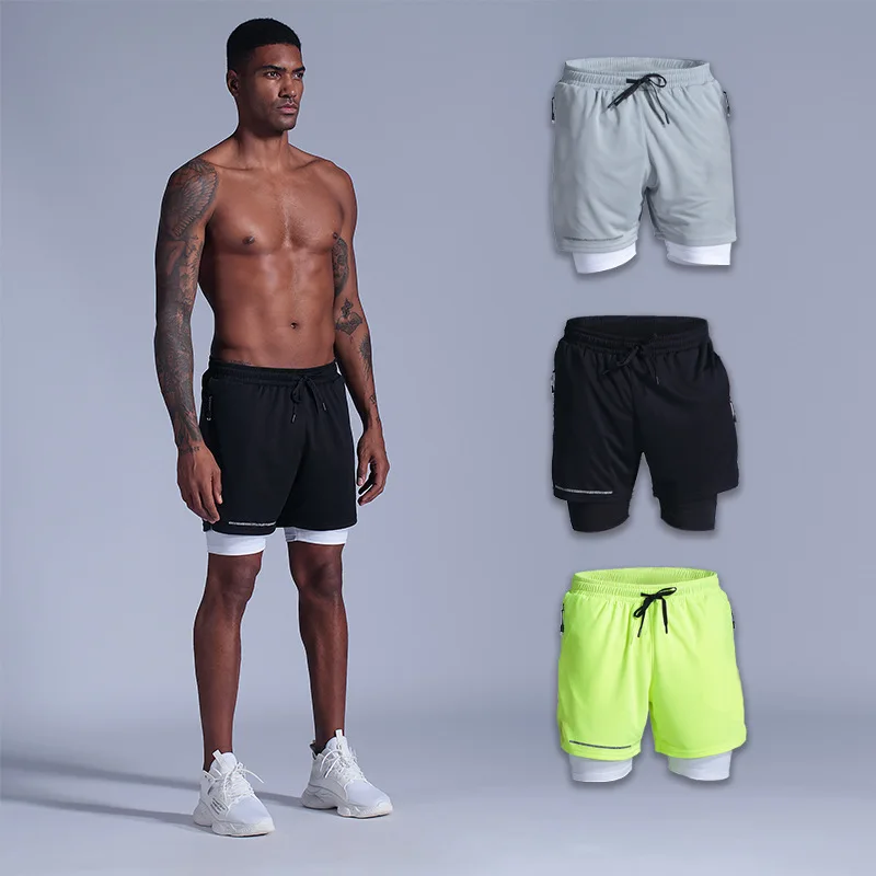 

Wholesale Mens 2 Layers Security Sports Training Workout Shorts Fitness Quick Drying GYM Shorts, As picture