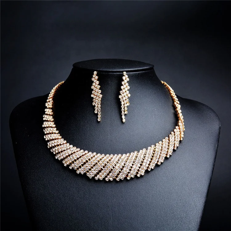 

Vintage Crystal 18K Gold Plated Rhinestone Women Silver Necklace Sets Engagement Bridal Wedding Jewelry, Picture