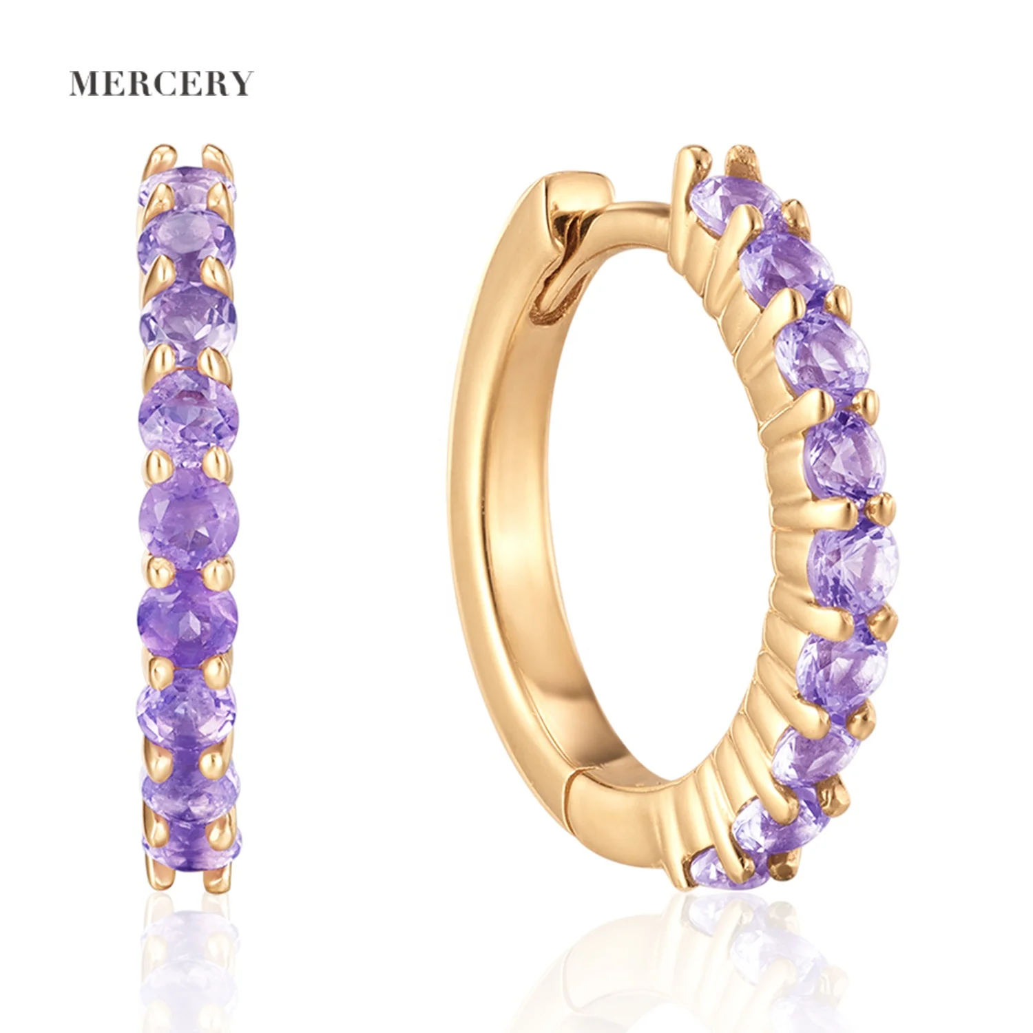 

Mercery Personalized February Birthstone Amethyst Stone Earrings Jewelry Real 14k Solid Gold Small Huggie Hoop Earring For Women