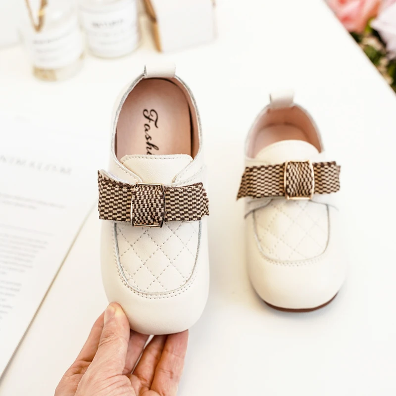 

Four seasons lovely bow leather black white casual girl princess children's shoes