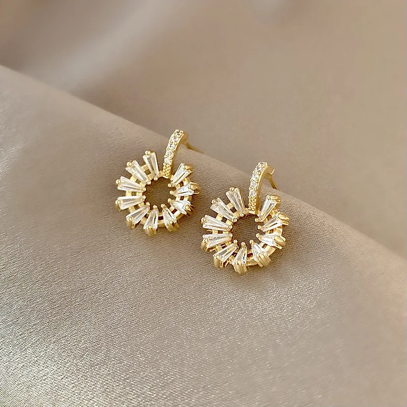 

Delicate Real 18k Gold Plated CZ Circle Drop Earrings Cubic Zirconia Flower Stud Earrings