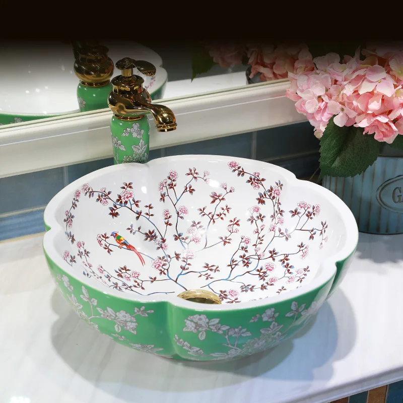 

Above Counter Ceramic Bathroom Vessel Sink Round Petal Shaped Flower & Bird Pattern Round Wash Basin Bowl